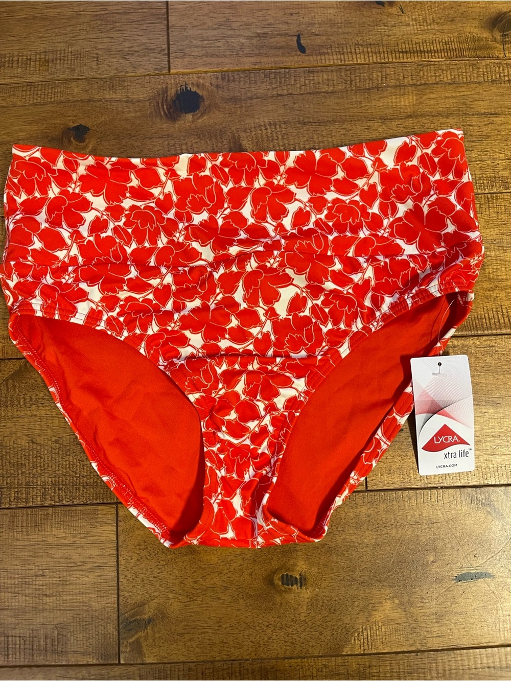 Lands End Womens Size 10 High Waist Bikini Swim Bottom Red White Floral NWT